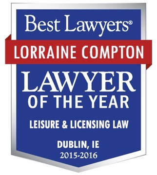 Best Lawyers award badge naming Lorraine Compton as Lawyer of the Year for Leisure and Licensing Law in Dublin for 2015 and 2016