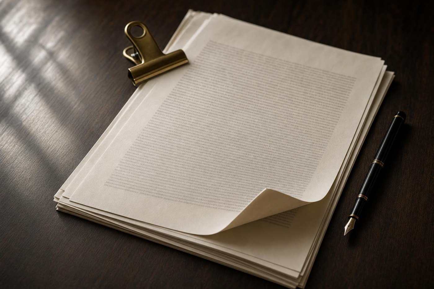 A stack of commercial lease papers on a dark desk with a brass clip and a fountain pen
