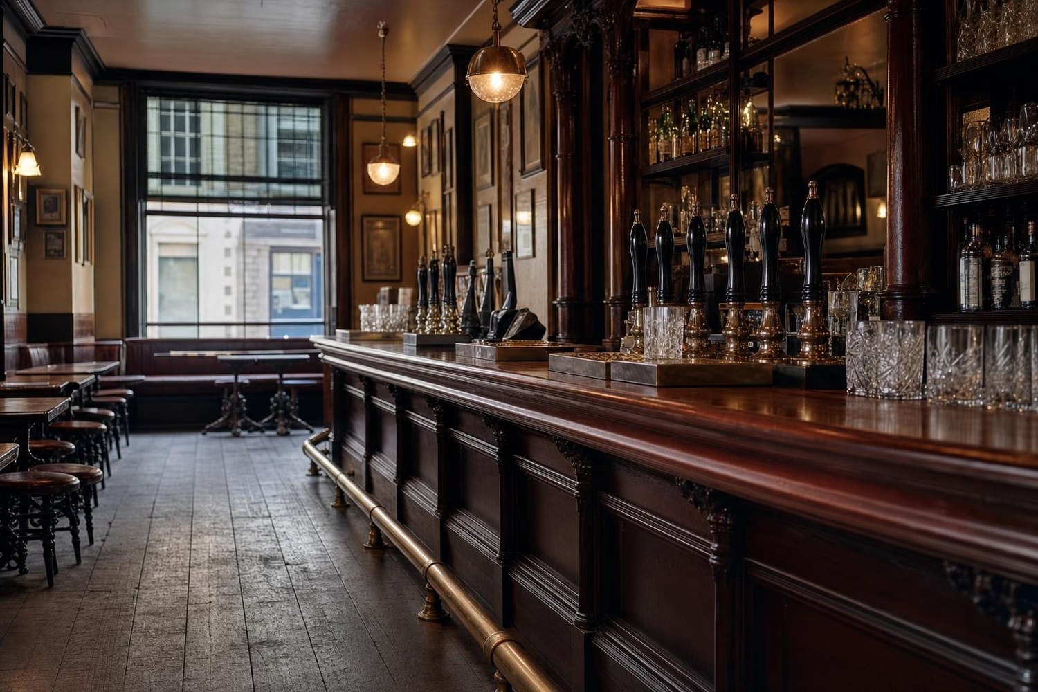 The interior of a traditional Dublin public house before opening, with a polished mahogany bar and brass foot rail