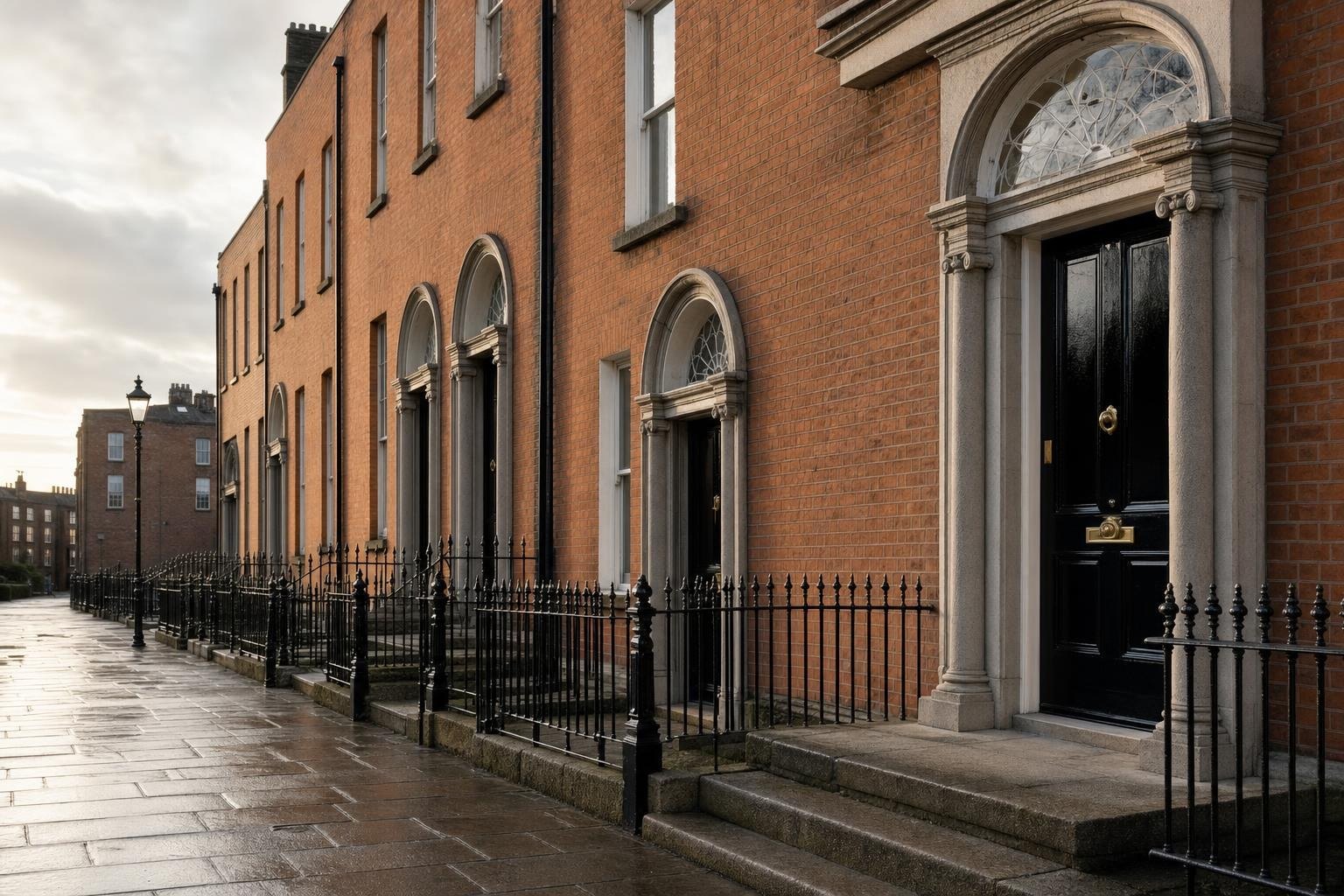 A Georgian terrace on an upper Dublin street in late afternoon light, with granite steps and iron railings